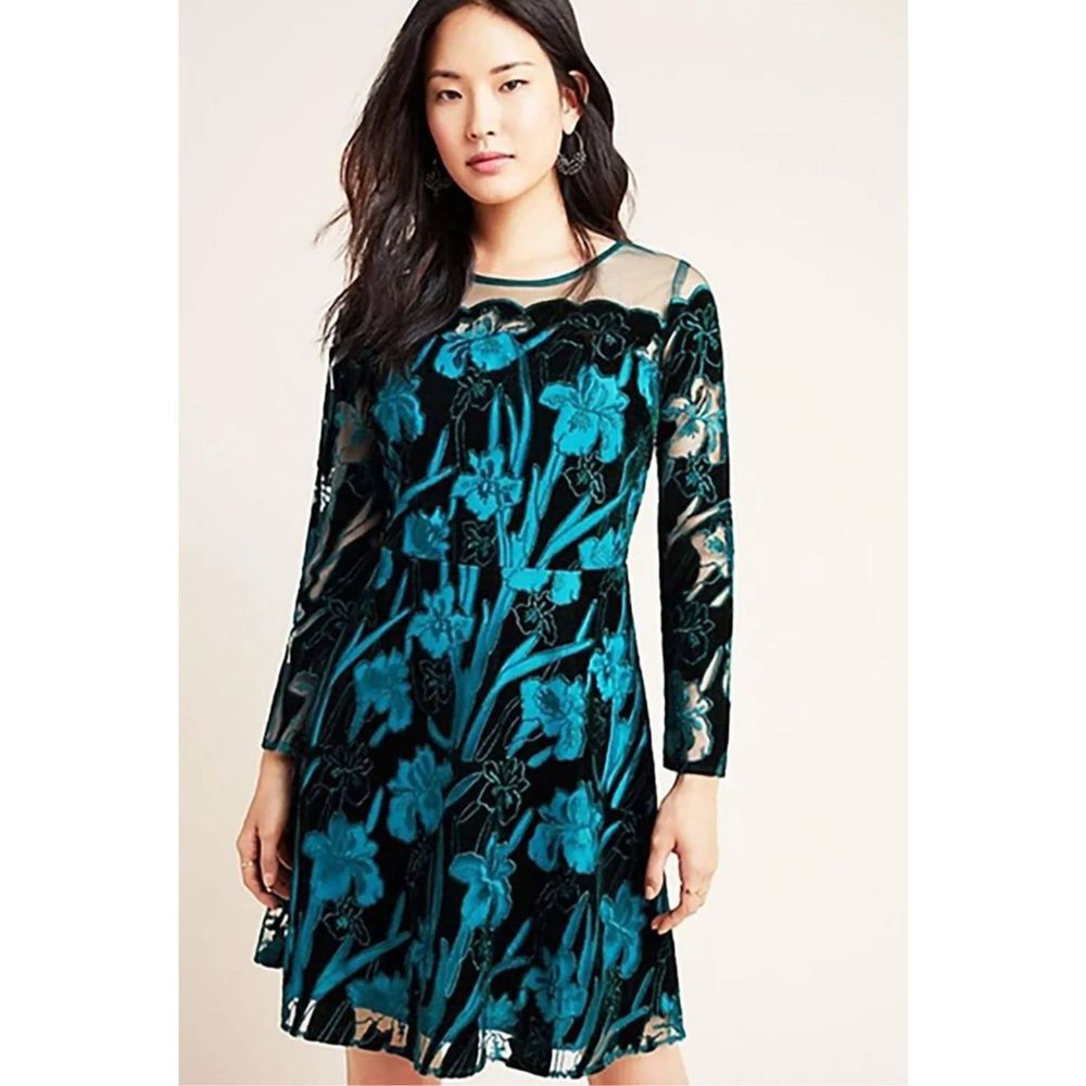 New Anthropologie x Eva Franco Teal Velvet Lily Mini Dress Size 12